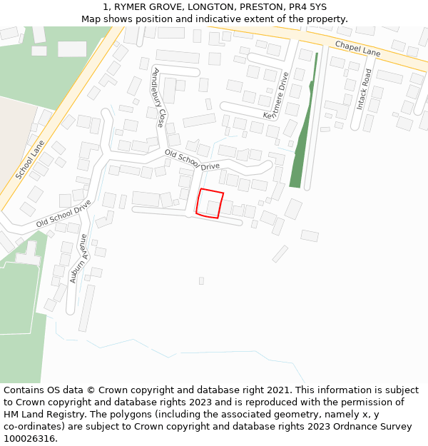 1, RYMER GROVE, LONGTON, PRESTON, PR4 5YS: Location map and indicative extent of plot