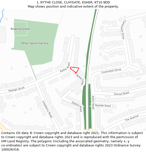 1, RYTHE CLOSE, CLAYGATE, ESHER, KT10 9DD: Location map and indicative extent of plot