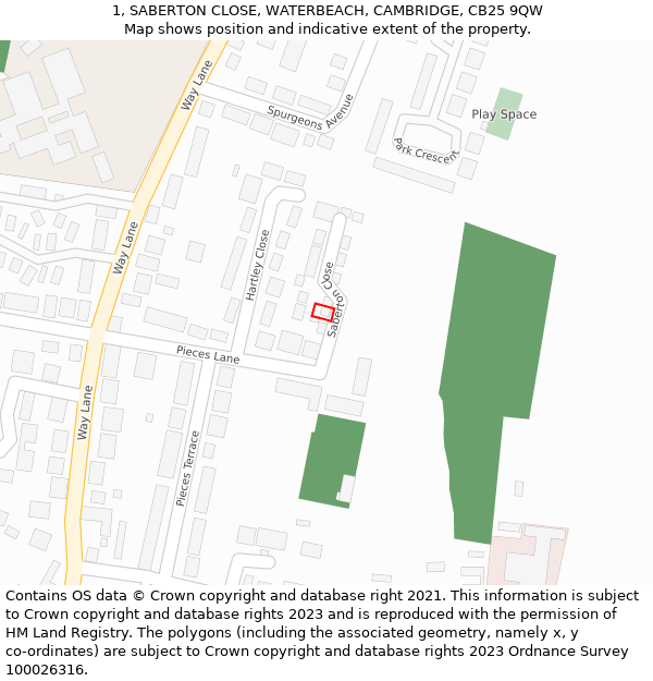 1, SABERTON CLOSE, WATERBEACH, CAMBRIDGE, CB25 9QW: Location map and indicative extent of plot