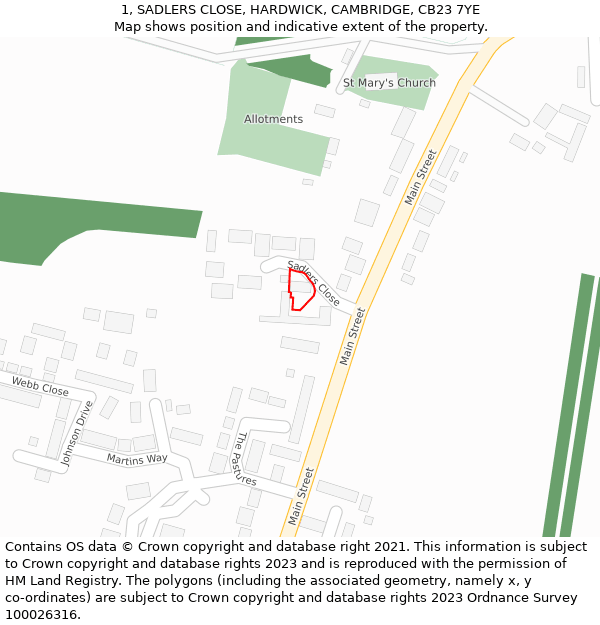 1, SADLERS CLOSE, HARDWICK, CAMBRIDGE, CB23 7YE: Location map and indicative extent of plot