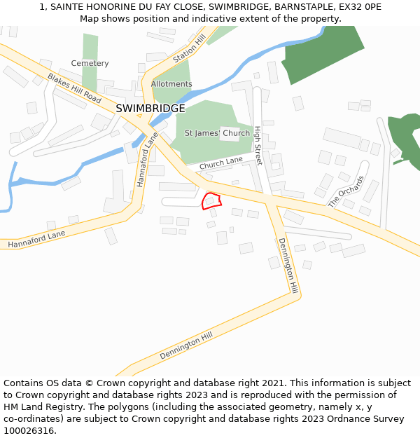 1, SAINTE HONORINE DU FAY CLOSE, SWIMBRIDGE, BARNSTAPLE, EX32 0PE: Location map and indicative extent of plot