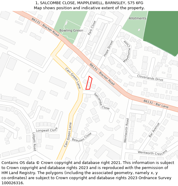 1, SALCOMBE CLOSE, MAPPLEWELL, BARNSLEY, S75 6FG: Location map and indicative extent of plot