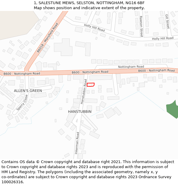 1, SALESTUNE MEWS, SELSTON, NOTTINGHAM, NG16 6BF: Location map and indicative extent of plot