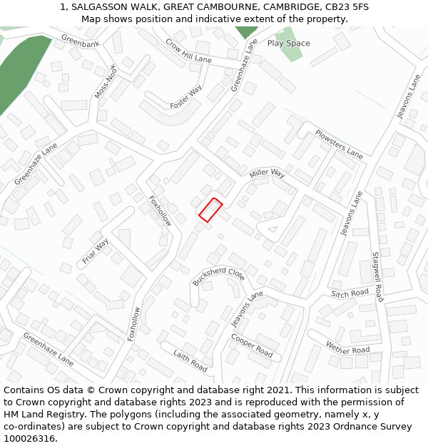 1, SALGASSON WALK, GREAT CAMBOURNE, CAMBRIDGE, CB23 5FS: Location map and indicative extent of plot