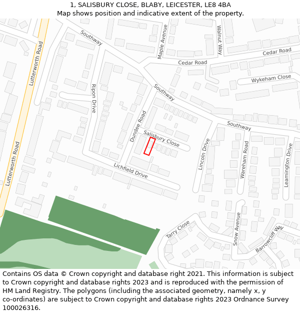 1, SALISBURY CLOSE, BLABY, LEICESTER, LE8 4BA: Location map and indicative extent of plot