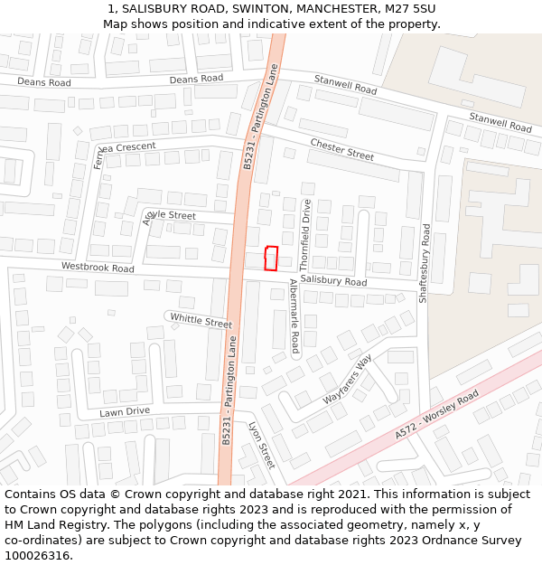 1, SALISBURY ROAD, SWINTON, MANCHESTER, M27 5SU: Location map and indicative extent of plot