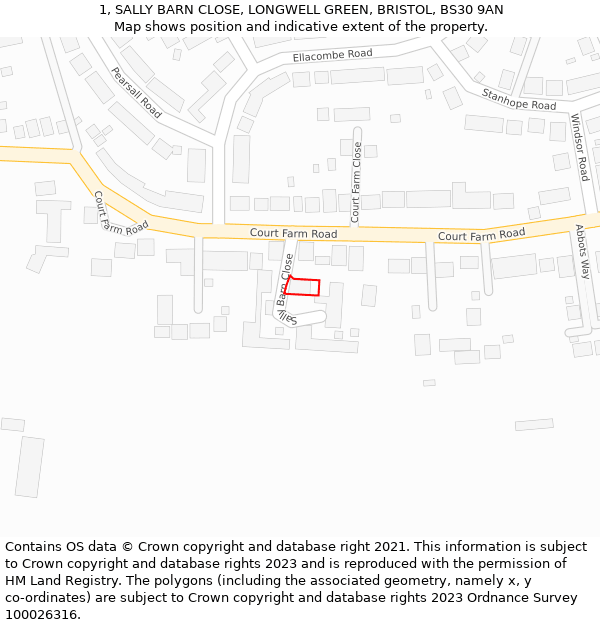 1, SALLY BARN CLOSE, LONGWELL GREEN, BRISTOL, BS30 9AN: Location map and indicative extent of plot