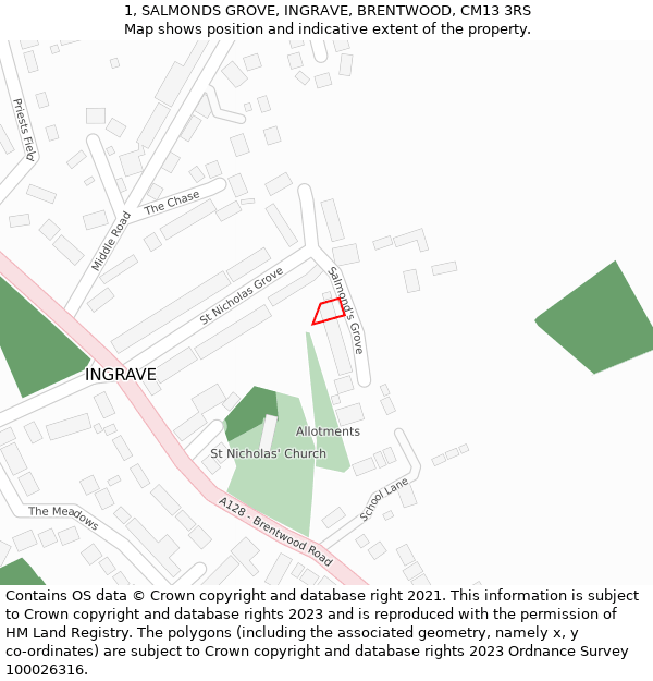 1, SALMONDS GROVE, INGRAVE, BRENTWOOD, CM13 3RS: Location map and indicative extent of plot