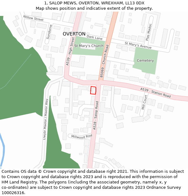 1, SALOP MEWS, OVERTON, WREXHAM, LL13 0DX: Location map and indicative extent of plot