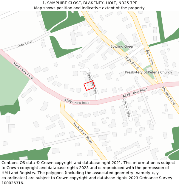 1, SAMPHIRE CLOSE, BLAKENEY, HOLT, NR25 7PE: Location map and indicative extent of plot