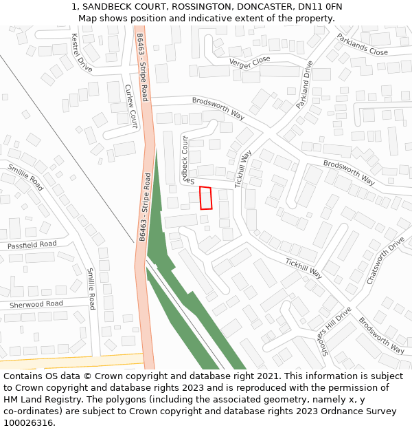 1, SANDBECK COURT, ROSSINGTON, DONCASTER, DN11 0FN: Location map and indicative extent of plot