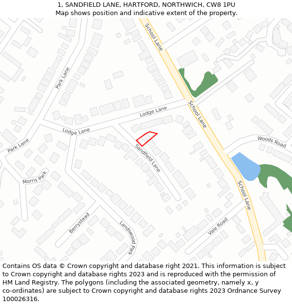 1, SANDFIELD LANE, HARTFORD, NORTHWICH, CW8 1PU: Location map and indicative extent of plot