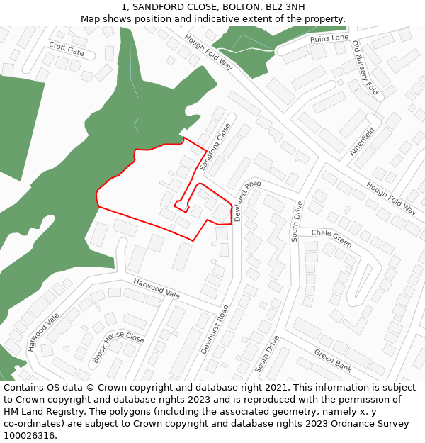 1, SANDFORD CLOSE, BOLTON, BL2 3NH: Location map and indicative extent of plot