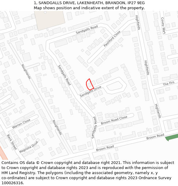 1, SANDGALLS DRIVE, LAKENHEATH, BRANDON, IP27 9EG: Location map and indicative extent of plot