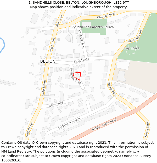 1, SANDHILLS CLOSE, BELTON, LOUGHBOROUGH, LE12 9TT: Location map and indicative extent of plot