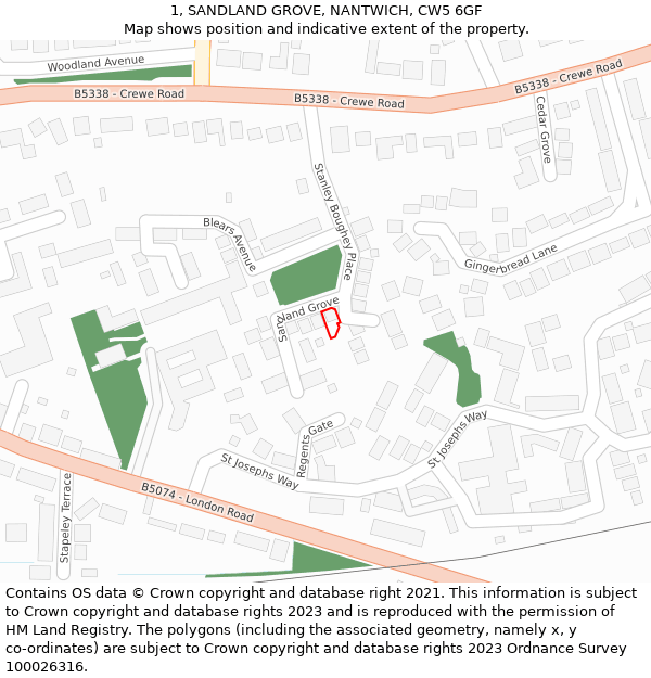 1, SANDLAND GROVE, NANTWICH, CW5 6GF: Location map and indicative extent of plot