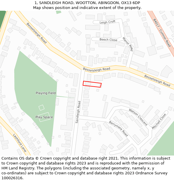 1, SANDLEIGH ROAD, WOOTTON, ABINGDON, OX13 6DP: Location map and indicative extent of plot