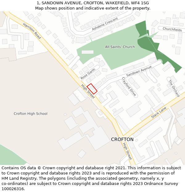 1, SANDOWN AVENUE, CROFTON, WAKEFIELD, WF4 1SG: Location map and indicative extent of plot