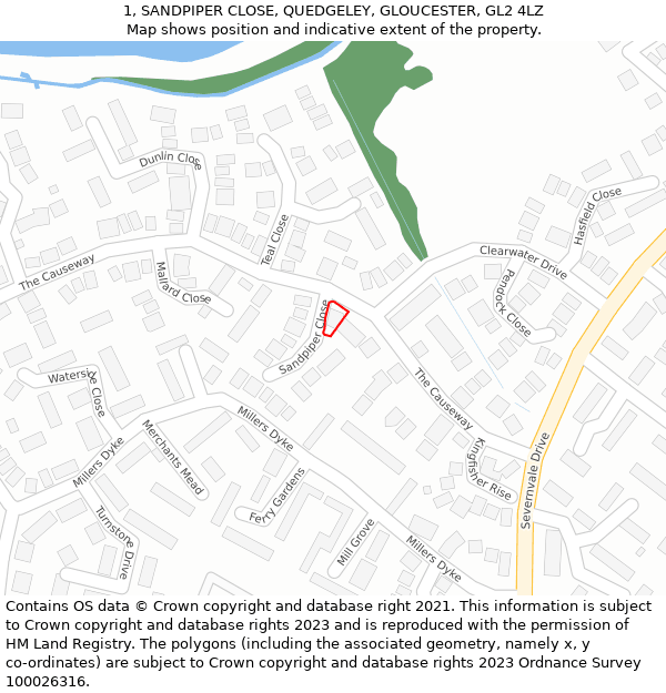 1, SANDPIPER CLOSE, QUEDGELEY, GLOUCESTER, GL2 4LZ: Location map and indicative extent of plot