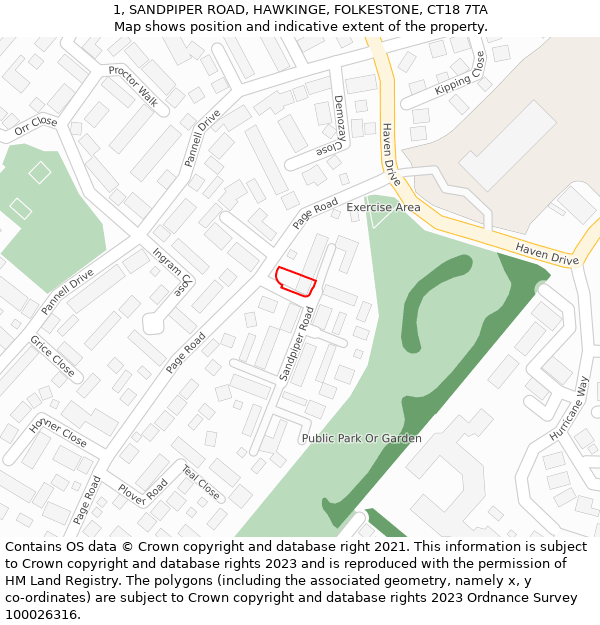 1, SANDPIPER ROAD, HAWKINGE, FOLKESTONE, CT18 7TA: Location map and indicative extent of plot