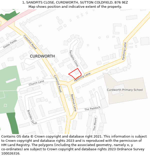 1, SANDPITS CLOSE, CURDWORTH, SUTTON COLDFIELD, B76 9EZ: Location map and indicative extent of plot