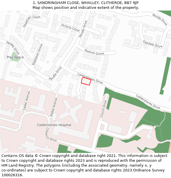 1, SANDRINGHAM CLOSE, WHALLEY, CLITHEROE, BB7 9JP: Location map and indicative extent of plot
