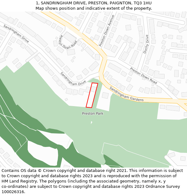 1, SANDRINGHAM DRIVE, PRESTON, PAIGNTON, TQ3 1HU: Location map and indicative extent of plot