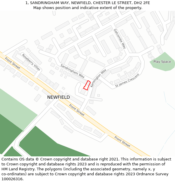 1, SANDRINGHAM WAY, NEWFIELD, CHESTER LE STREET, DH2 2FE: Location map and indicative extent of plot