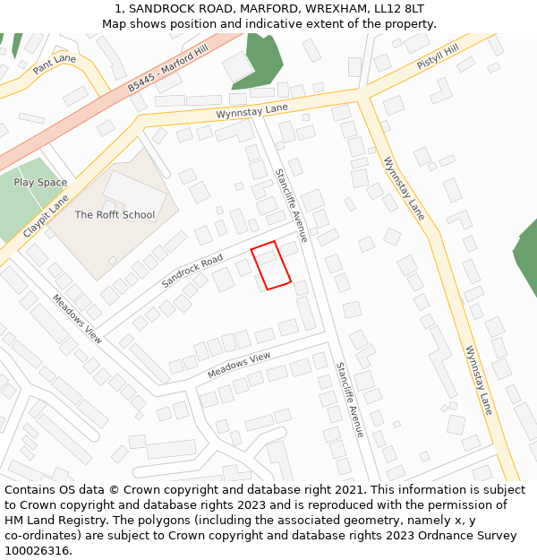 1, SANDROCK ROAD, MARFORD, WREXHAM, LL12 8LT: Location map and indicative extent of plot