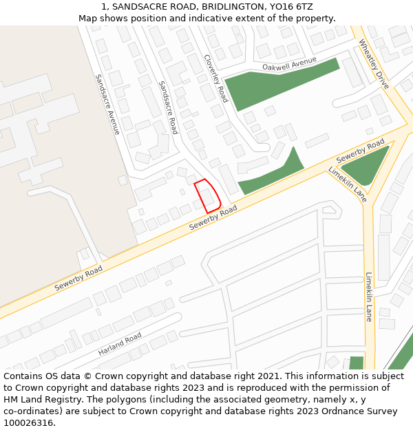 1, SANDSACRE ROAD, BRIDLINGTON, YO16 6TZ: Location map and indicative extent of plot