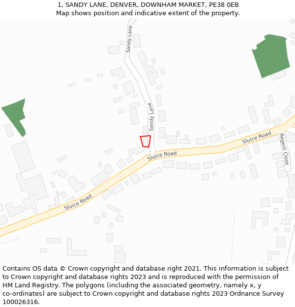 1, SANDY LANE, DENVER, DOWNHAM MARKET, PE38 0EB: Location map and indicative extent of plot