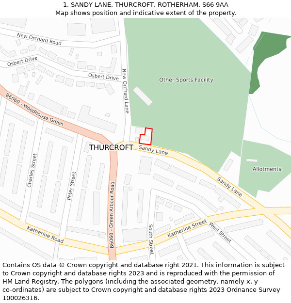 1, SANDY LANE, THURCROFT, ROTHERHAM, S66 9AA: Location map and indicative extent of plot