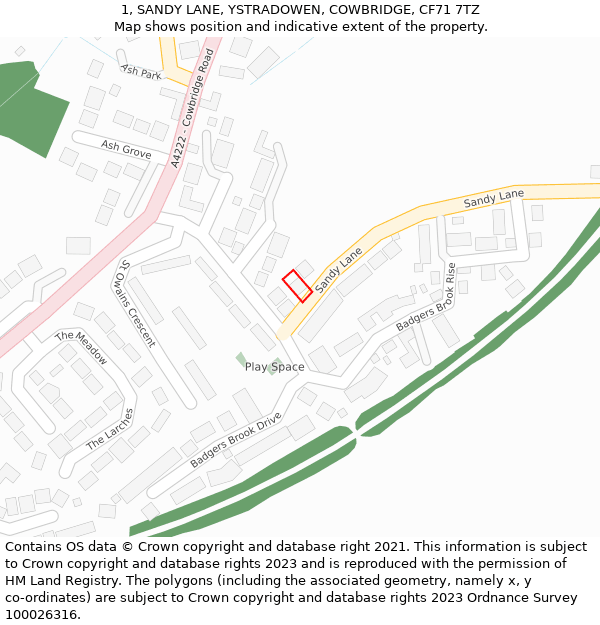 1, SANDY LANE, YSTRADOWEN, COWBRIDGE, CF71 7TZ: Location map and indicative extent of plot