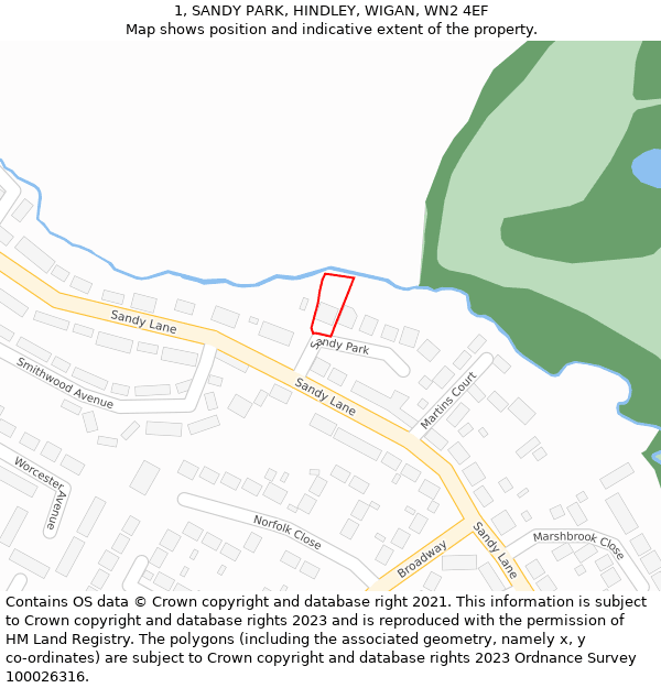 1, SANDY PARK, HINDLEY, WIGAN, WN2 4EF: Location map and indicative extent of plot