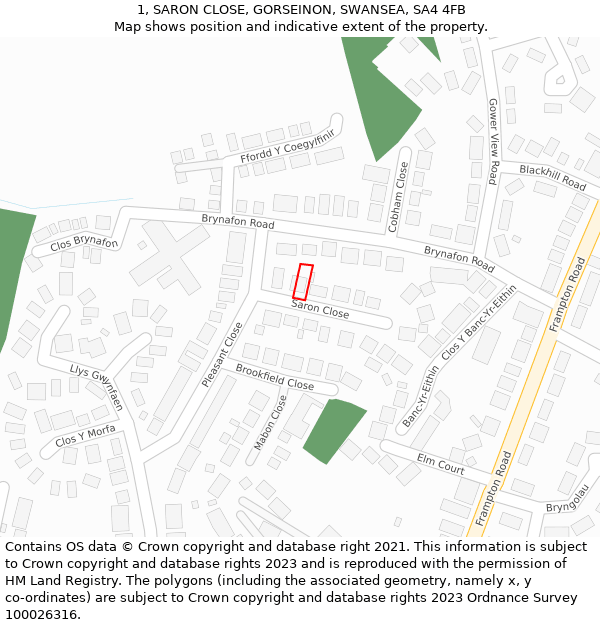 1, SARON CLOSE, GORSEINON, SWANSEA, SA4 4FB: Location map and indicative extent of plot