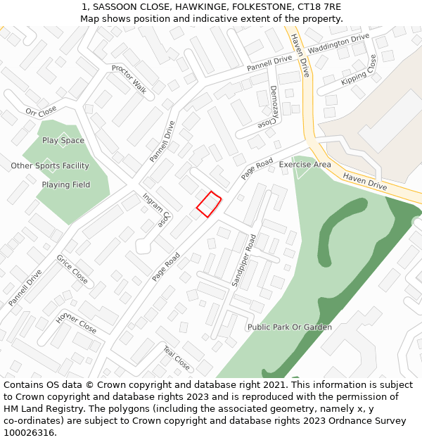 1, SASSOON CLOSE, HAWKINGE, FOLKESTONE, CT18 7RE: Location map and indicative extent of plot