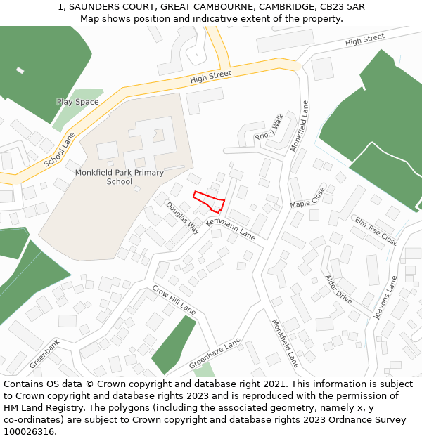 1, SAUNDERS COURT, GREAT CAMBOURNE, CAMBRIDGE, CB23 5AR: Location map and indicative extent of plot