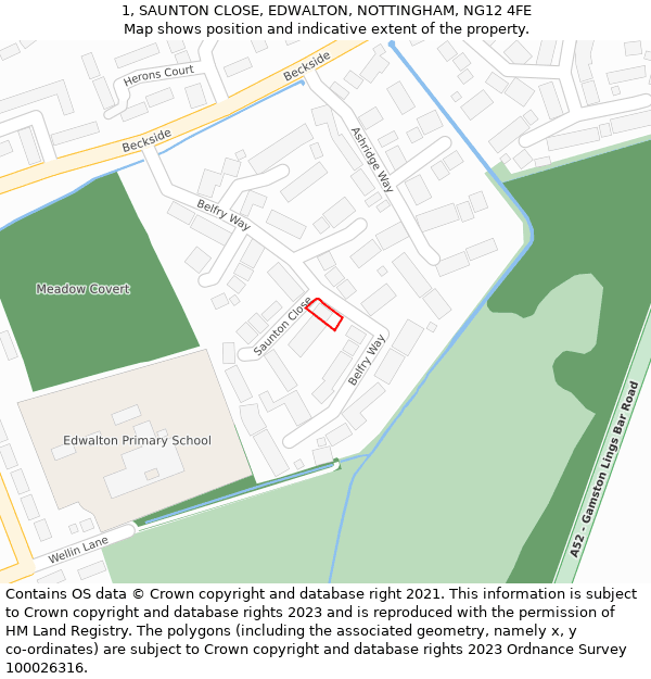 1, SAUNTON CLOSE, EDWALTON, NOTTINGHAM, NG12 4FE: Location map and indicative extent of plot