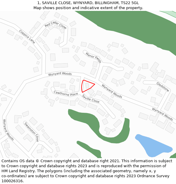 1, SAVILLE CLOSE, WYNYARD, BILLINGHAM, TS22 5GL: Location map and indicative extent of plot