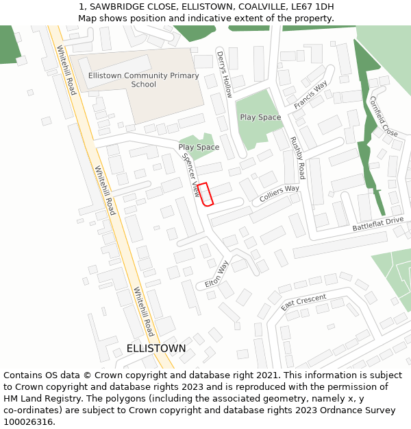 1, SAWBRIDGE CLOSE, ELLISTOWN, COALVILLE, LE67 1DH: Location map and indicative extent of plot