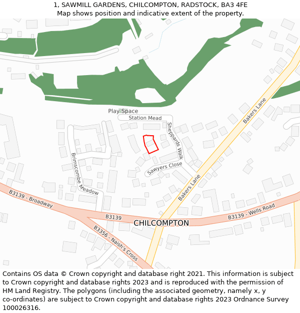 1, SAWMILL GARDENS, CHILCOMPTON, RADSTOCK, BA3 4FE: Location map and indicative extent of plot