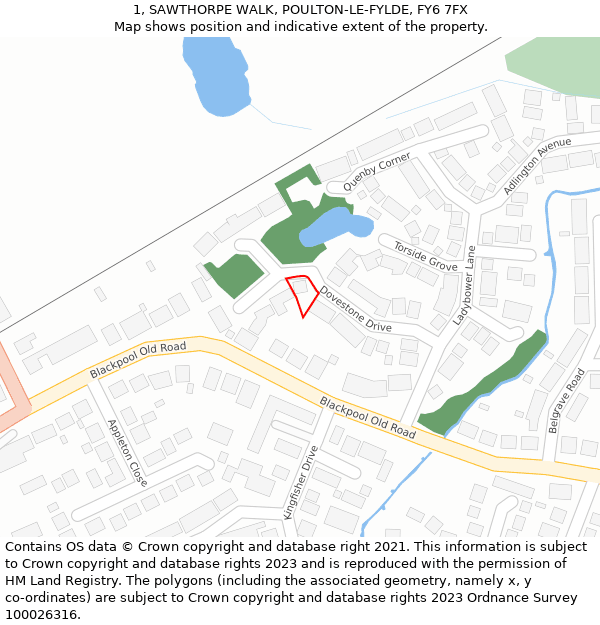 1, SAWTHORPE WALK, POULTON-LE-FYLDE, FY6 7FX: Location map and indicative extent of plot