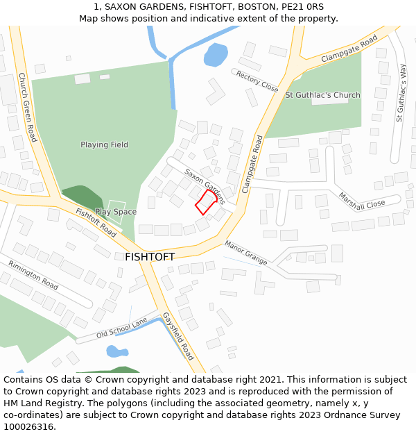 1, SAXON GARDENS, FISHTOFT, BOSTON, PE21 0RS: Location map and indicative extent of plot