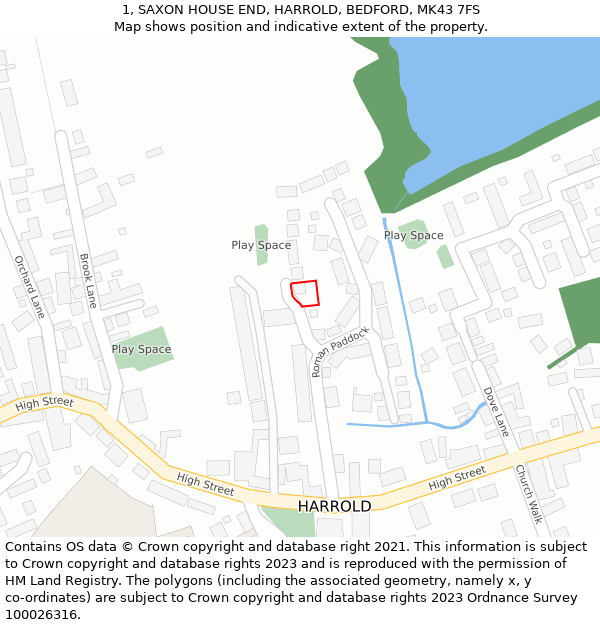 1, SAXON HOUSE END, HARROLD, BEDFORD, MK43 7FS: Location map and indicative extent of plot