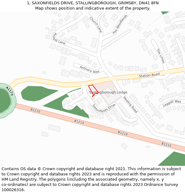 1, SAXONFIELDS DRIVE, STALLINGBOROUGH, GRIMSBY, DN41 8FN: Location map and indicative extent of plot