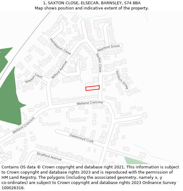 1, SAXTON CLOSE, ELSECAR, BARNSLEY, S74 8BA: Location map and indicative extent of plot