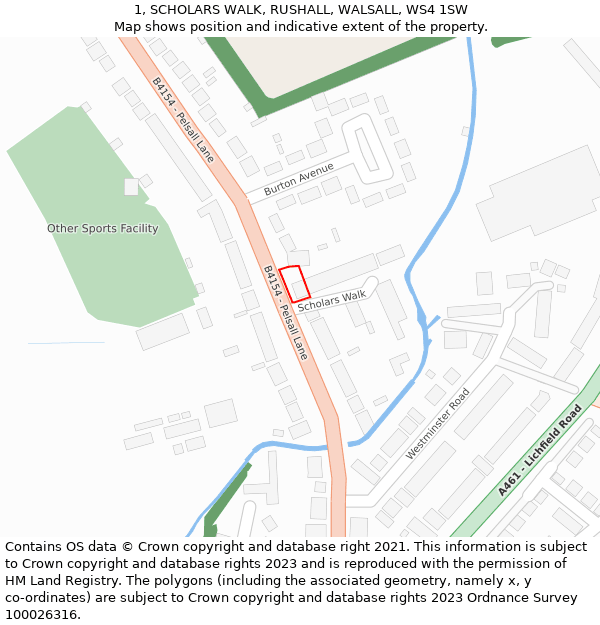 1, SCHOLARS WALK, RUSHALL, WALSALL, WS4 1SW: Location map and indicative extent of plot