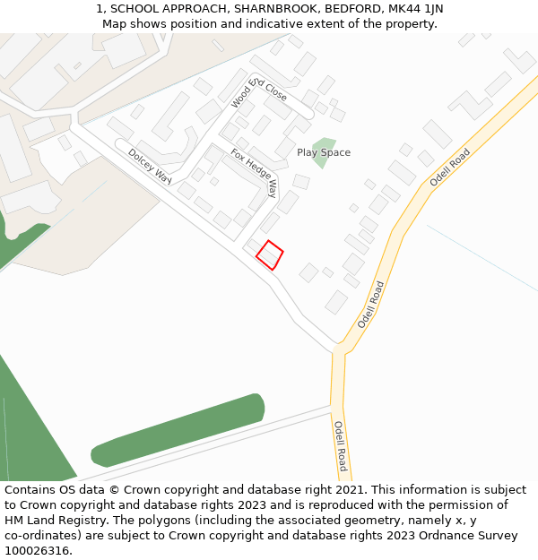 1, SCHOOL APPROACH, SHARNBROOK, BEDFORD, MK44 1JN: Location map and indicative extent of plot