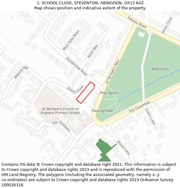 1, SCHOOL CLOSE, STEVENTON, ABINGDON, OX13 6AZ: Location map and indicative extent of plot