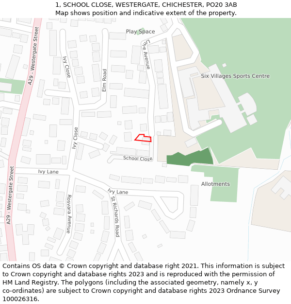 1, SCHOOL CLOSE, WESTERGATE, CHICHESTER, PO20 3AB: Location map and indicative extent of plot